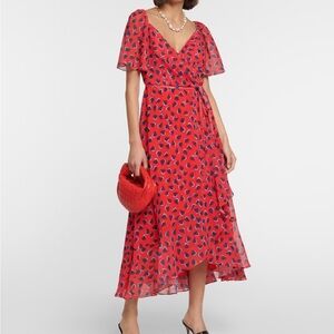 Heart Print Flutter Sleeve Chiffon Wrap Dress